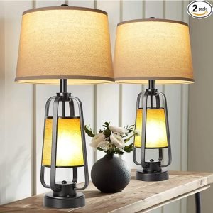 Farmhouse Table With Touch Control Bedside Nightstand Lamps