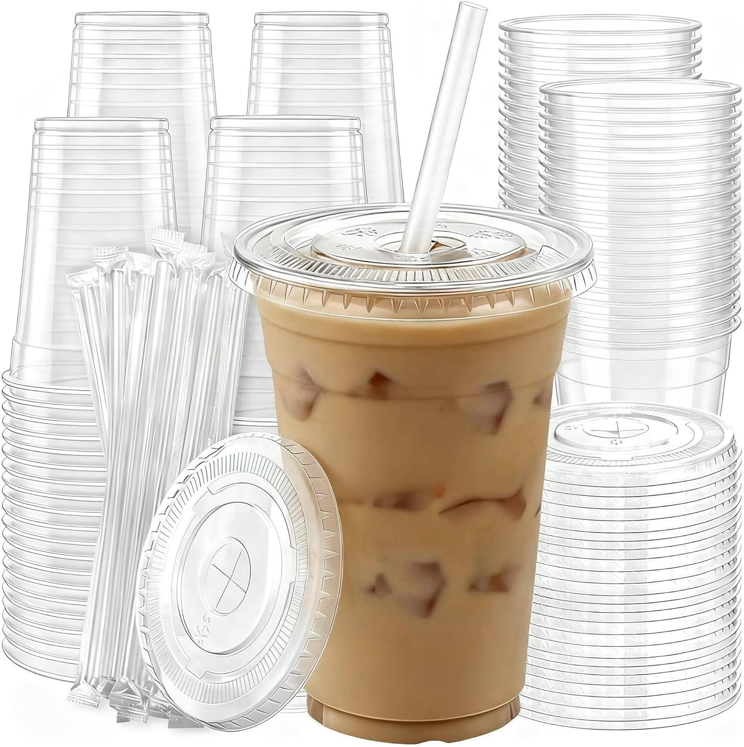 100-Pack 16 oz Plastic Cups with Lids & Straws