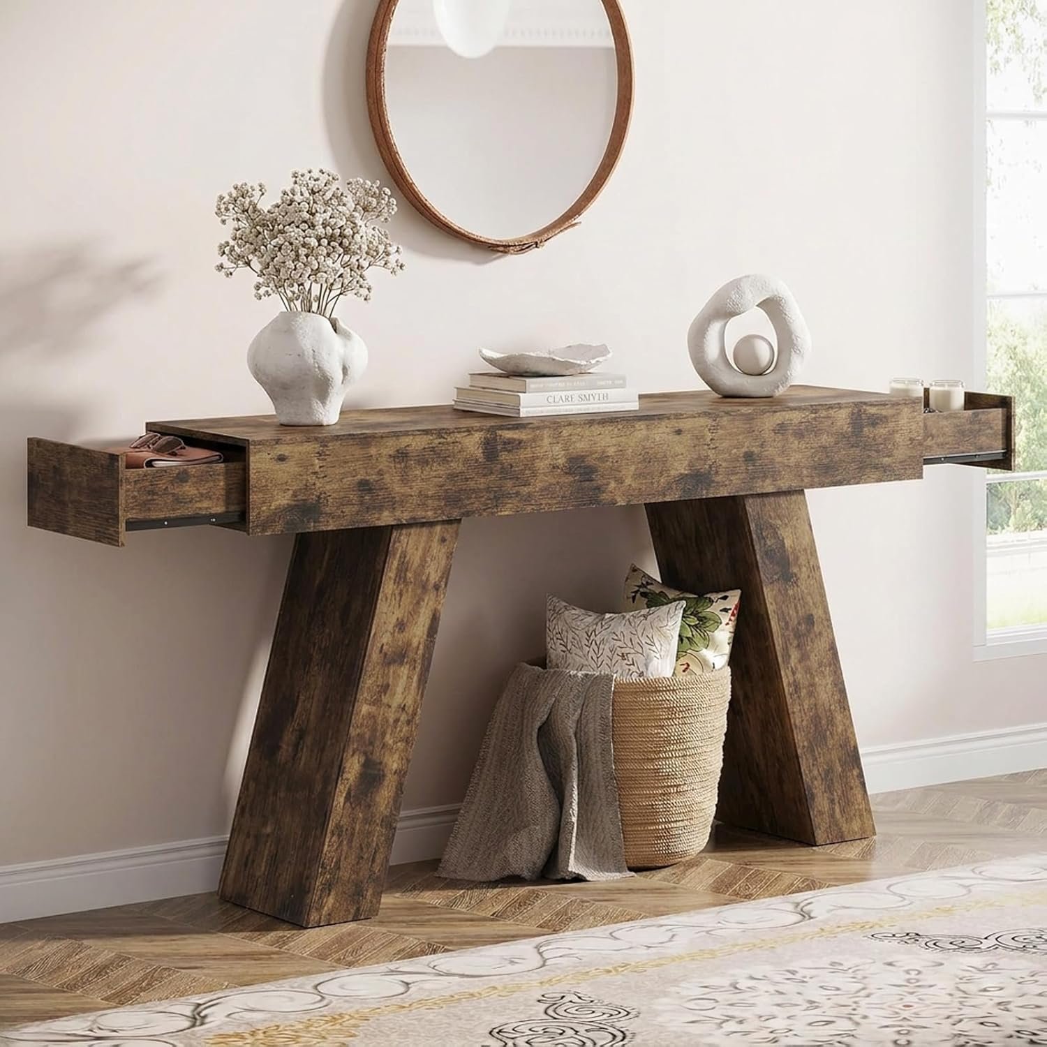 Farmhouse Console Table with Storage Drawers