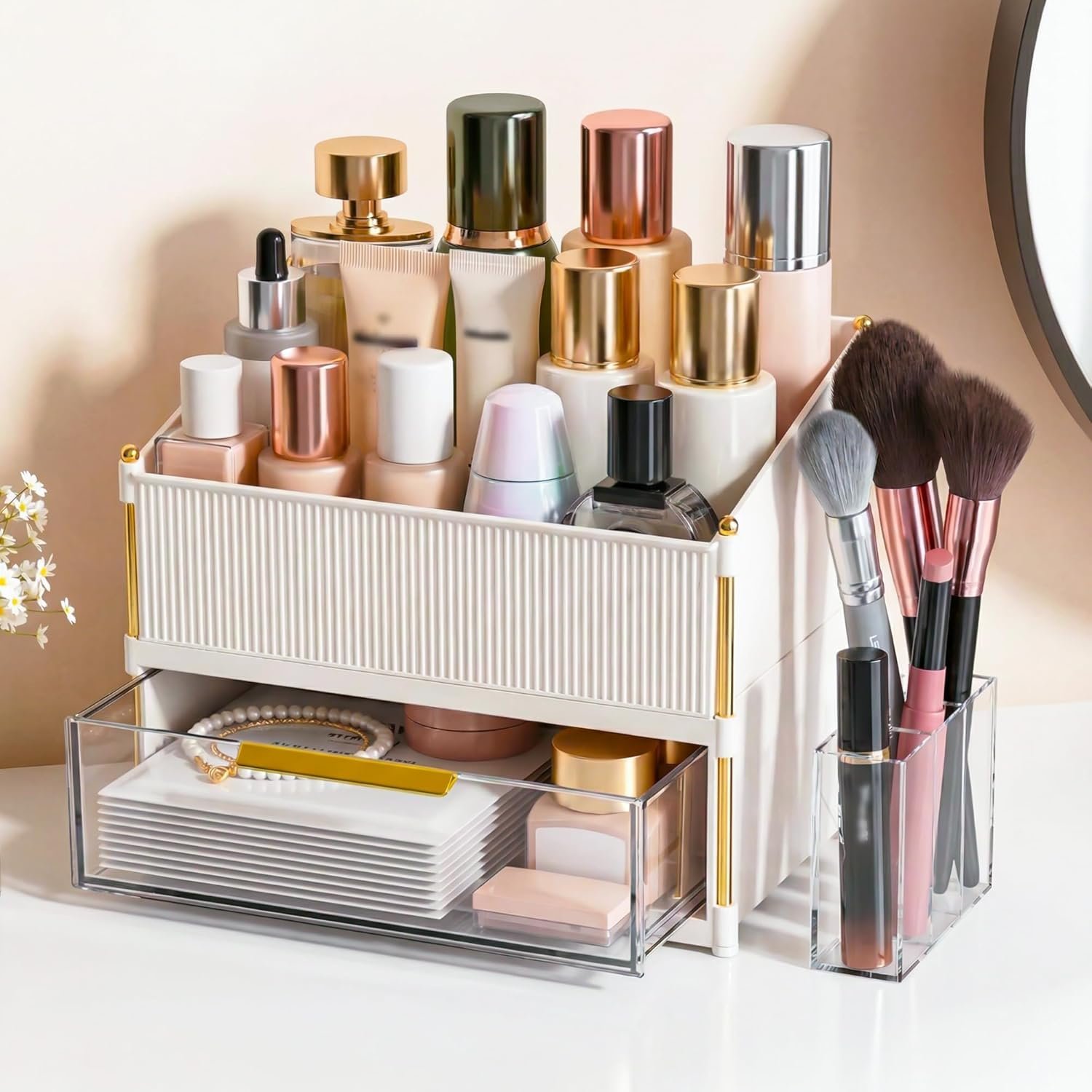 Large Capacity Makeup Organizer Countertop with Brush Holder