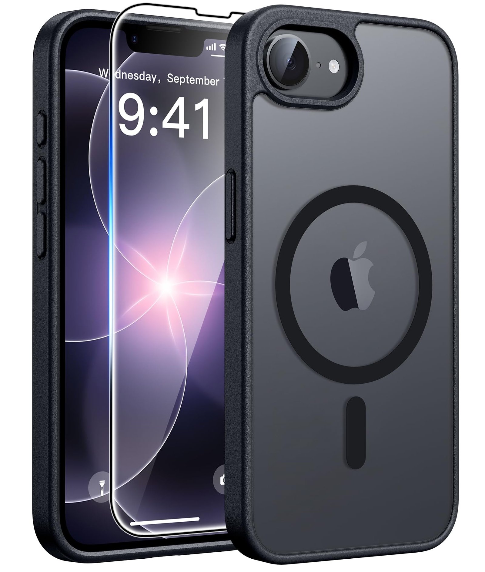 FNTCASE for iPhone 17e/ iPhone 16e Case, Fit for Magsafe, Screen Protector | Translucent Matte Magnetic Back, 14FT Military Grade Drop Protection, Shockproof Protective Phone Cover, Black