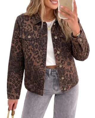 GRAPENT Leopard Cheetah Print Jean Jacket