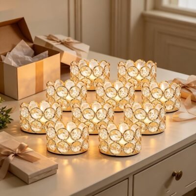Pack of 12 Gold Crystal Tea Light Candle Holders