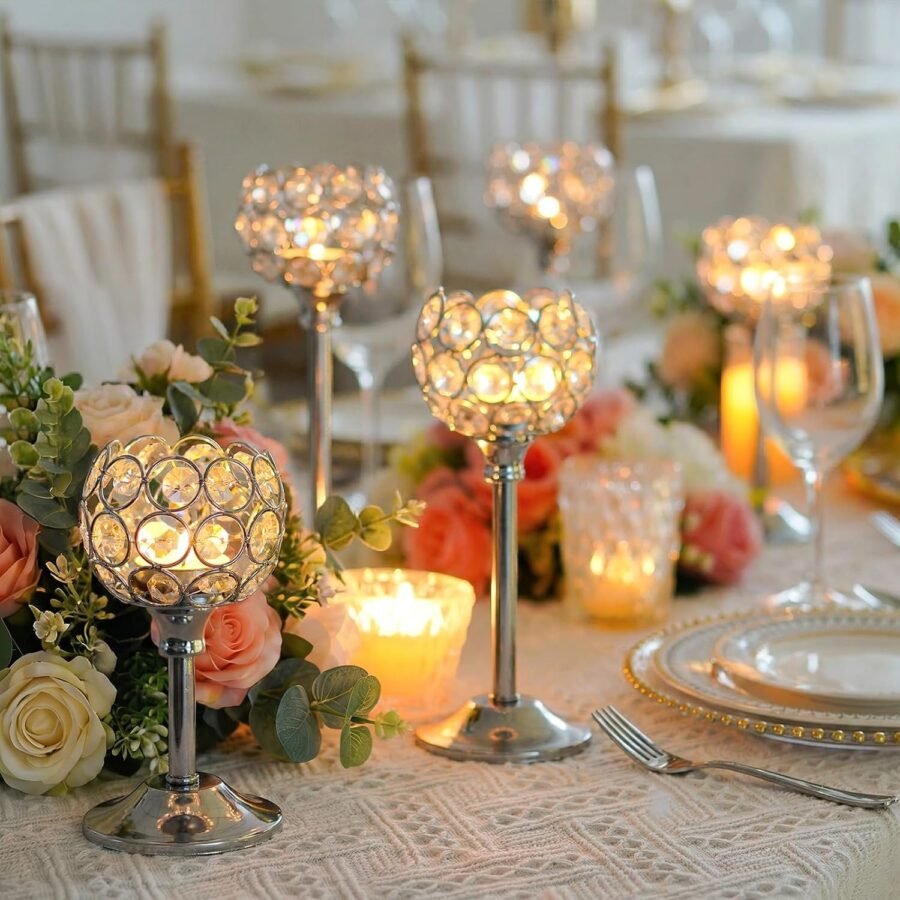 Set of 3 Silver Crystal Metal Tealight Candlestick